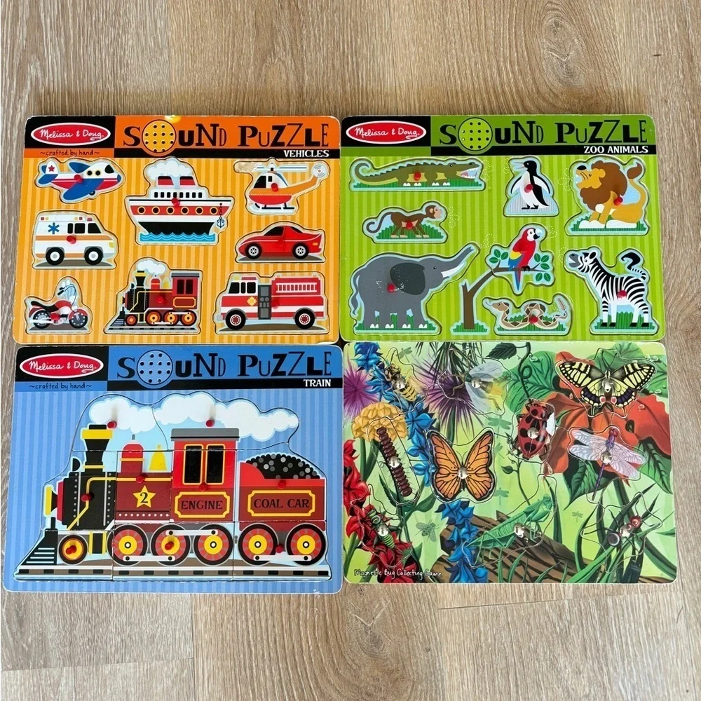 Vintage Melissa & Doug wooden puzzles sounds magnetic animals bugs vehicles baby
